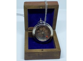 3 In 1 Silver Tone Magnifier & Compass Pendant With Stainless Chain & Nautical Wooden Box