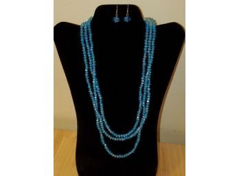 Blue Bead 3 Strand Necklace In Silver Tone With Matching Earrings