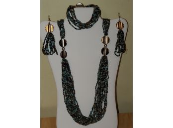 Blue,bronze Seed Bead Earrings, Stretch Bracelet, & Multi Strand Necklace In Silver Tone