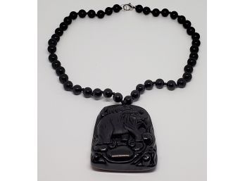 Beautiful Carved Black Obsidian Elephant Pendant With Beads Necklace