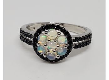 Ethiopian Opal With Black Spinel Rhodium Over Sterling Ring