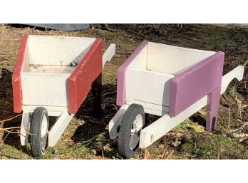 Two Wood Painted Wheel Barrow Planters