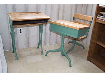 Two Vintage Metal School Desk With Wood Desk Tops