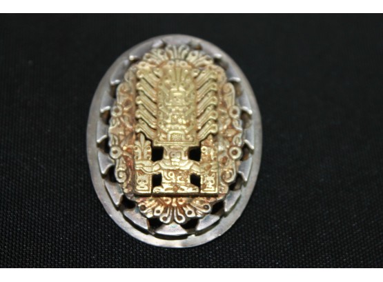 Striking 18K Gold And Sterling Silver Jewelry Aztec Pendant And Brooch