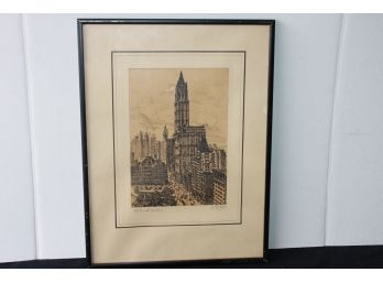 Vintage New York Woolworth Building Skyscraper Signed Etching
