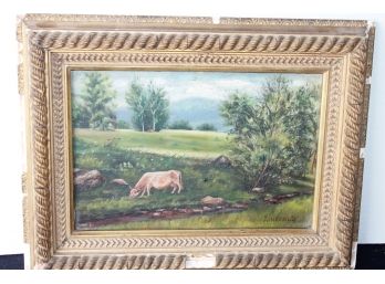 Old Primitive Folk Painting Of Cow In Field