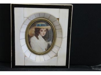 Sweet Miniature Painted Portrait Of Young Girl In Bone Frame