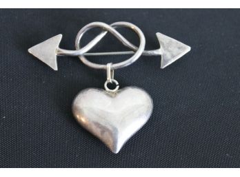 Big Vintage Sterling Heart And Love Arrow Jewelry Pin Pendant