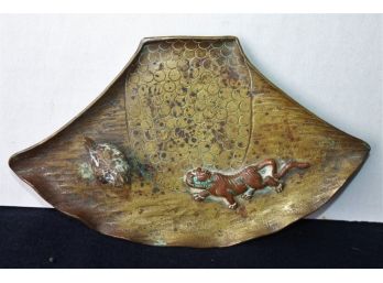 Old Asian Brass And Bronze Metal Art Tray With Tiger