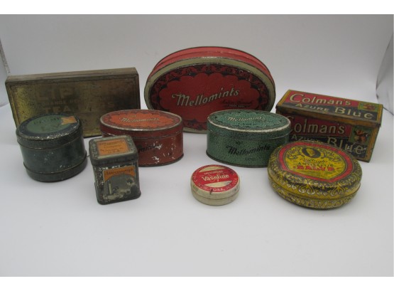 Collection Of 9 Vintage Tin Lithograph Tins, 3 Mellomints, Colman's, L.V Paris( Louis Vuitton ?) And More