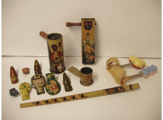 Collection Of 14 Vintage Tin Lithograph Toy Noisemakers, Great Graphics, Clickers, Etc. Lot # 24