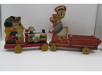 Two Vintage Walt Disney Fisher Price Wooden Pull Toys, Mickey Mouse  And Donald Duck