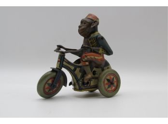 Vintage Wind Up Monkey On A Tri-cycle Motorcycle D.R.G.M. Tin Toy. Made In Germany, Not Working