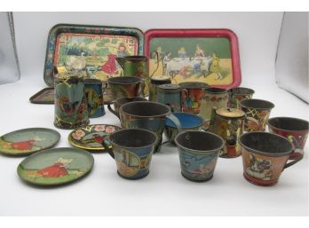 Collection Of 25 Tin Lithograph Toy  Child Tea Sets Parts /  Great Graphics, Some Are Very Old.