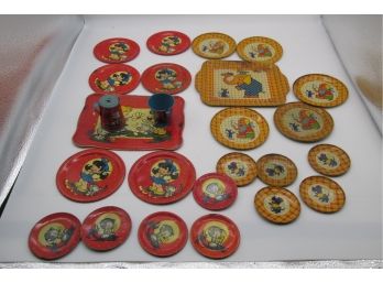 Collection Of 25 Vintage Childs Toy Tin Lithograph Tea Set Pieces , 2 Partial Sets
