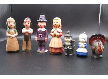 Collection Of 7 Vintage Thanksgiving  Story Candles, Measure  5.5' To 3' Tall.