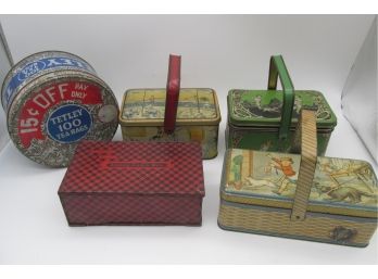 Collection Of 5 Vintage Tin Lithograph Items Includes 4 Tin Kids Lunch Boxes Great Graphics Tetley Tin Tea Bin