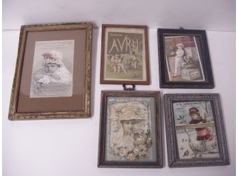 Collection Of 5 Framed Vintage Advertising Trade Cards, Great Graphics, Framed Lot # 3