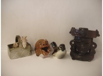 Collection Of 4 Items, German China Pigs In Basket, Goebel Bird, Hawaii ? Figure, Miami Souvenir Ashtray