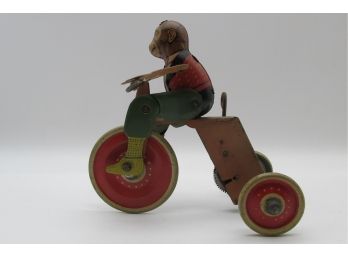 Vintage Tin Lithograph Windup Toy Monkey On A Tall Tri-cycle, Working