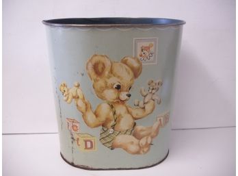 Cool Vintage Tin Lithograph Waste Can With Great Graphics Of Teddy Bear, Measures 11' X 8 1/2' X 11 1/2' Tall