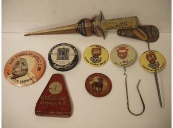 Collection Of 9 Miscellaneous Advertising Items, Buttons, Letter Opener, Pocket Mirror, Etc., Lot # 12