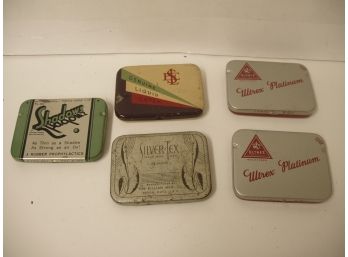 Collection Of 5 Vintage Tin Lithograph Condom Tins, Ultrex, Shadows, Silver Tex, Etc., Lot # 15