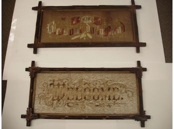 Two Framed Victorian Needlepoints Welcome And God Bless Our Daily Bread, Measure 25 1/2' X 13 1/2'