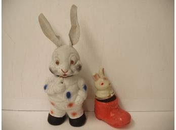 Two Easter Bunny Holiday Decorations, Bunny In Shoe - Celluloid Plastic, Candy Container? Lot # 18