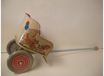 Vintage Tin Lithograph Childs Toy Cart For Doll, Made By Ohio Art, Measures 24' With Handle