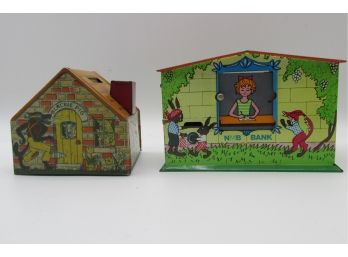 Two  Vintage Tin Lithograph Toy Banks, Three Little Pigs Blackie Pig By J Chein And NMB Bank.