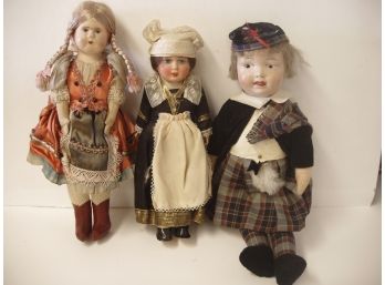Collection Of 3 Antique Vintage World Travel Dolls, Measure 13' To 11'