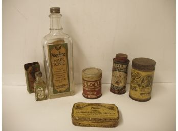 Collection Of 6 Vintage Advertising Tins And Bottles, Great Graphics, Hair Tonic, Etc., Lot # 28