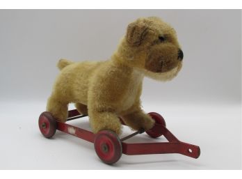 Vintage Stuffed Animal Toy Dog On Wheels Pull Toy, Probably Steiff However There Is No Button