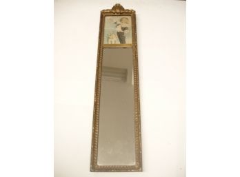Antique Vintage Mirror With Lithograph Of Boy On Top, Measures 28' X 6 1/2'