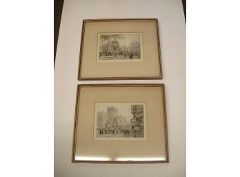 Pair Of Vintage Framed Engraving Eugene Veder Etching Of Europe Street Scenes