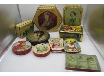 Collection Of 10 Vintage Tin Lithograph Advertising Tins, Boxes With Great Graphics