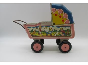 Vintage Tin Lithograph Toy / Doll Baby Stroller