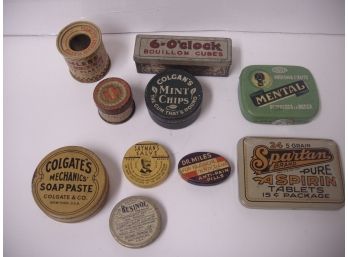 Collection Of 9 Vintage Advertising Tins Mostly Medicine Cabinet Tins, Aspirin, Salve, Etc. Lot # 21