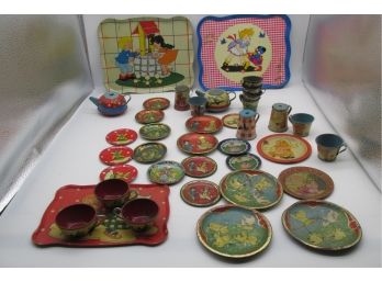 Large Assortment Of 30  Tin Lithograph Childs Toy Tea Sets