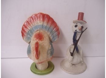 Vintage Holiday Decorations, Christmas Snowman And Thanksgiving Turkey - Plastic, Lot # 14