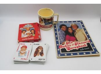 Collection Of 3 Vintage Dukes Of Hazzard Items; A Plastic Cup, A Scrapbook And A Card Game.