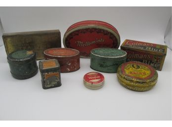 Collection Of 9 Vintage Tin Lithograph Tins, 3 Mellomints, Colman's, L.V Paris( Louis Vuitton ?) And More