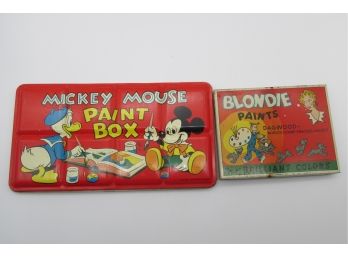 Pair Of Vintage Tin Lithograph Paint Boxes Walt Disney Mickey Mouse And Blondie.