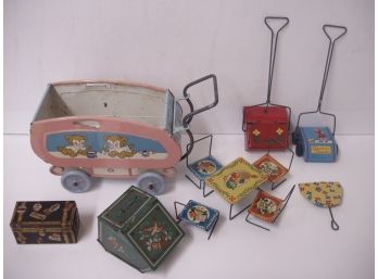 Collection Of  11 Vintage Toy Doll House Tin Lithograph Furniture, Etc., See Photos, Lot # 11