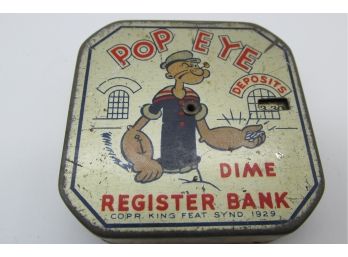 Vintage Tin Lithograph 1929 Popeye Dime Register Bank.