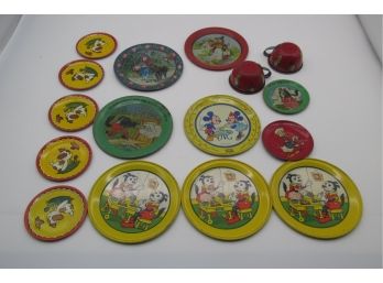 Collection Of 16 Vintage Tin Lithograph Child Toy Tea Set Parts, Walt Disney, Krazy Kat, Donald Duck And More