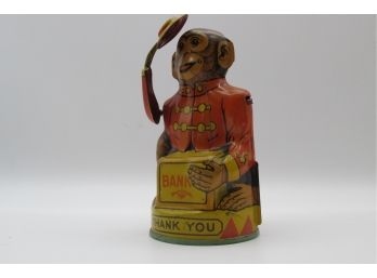 Antique Vintage J Chein Tin Lithograph Toy Monkey Bank.
