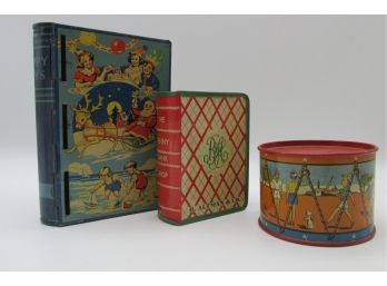 Collection Of 3 Vintage Tin Litho Banks, B. Altman & Co' By Kirchhof, Happy Days And A Drum Bank By Ohio Art.