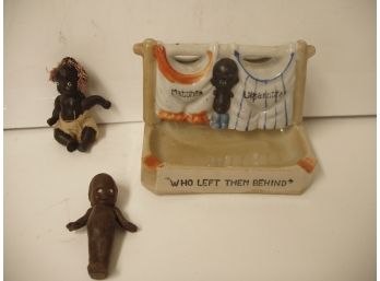 Collection Of 3 Vintage Folk Art Collectibles, Ashtray / Match Holder And Bisque Dolls, Lot # 25